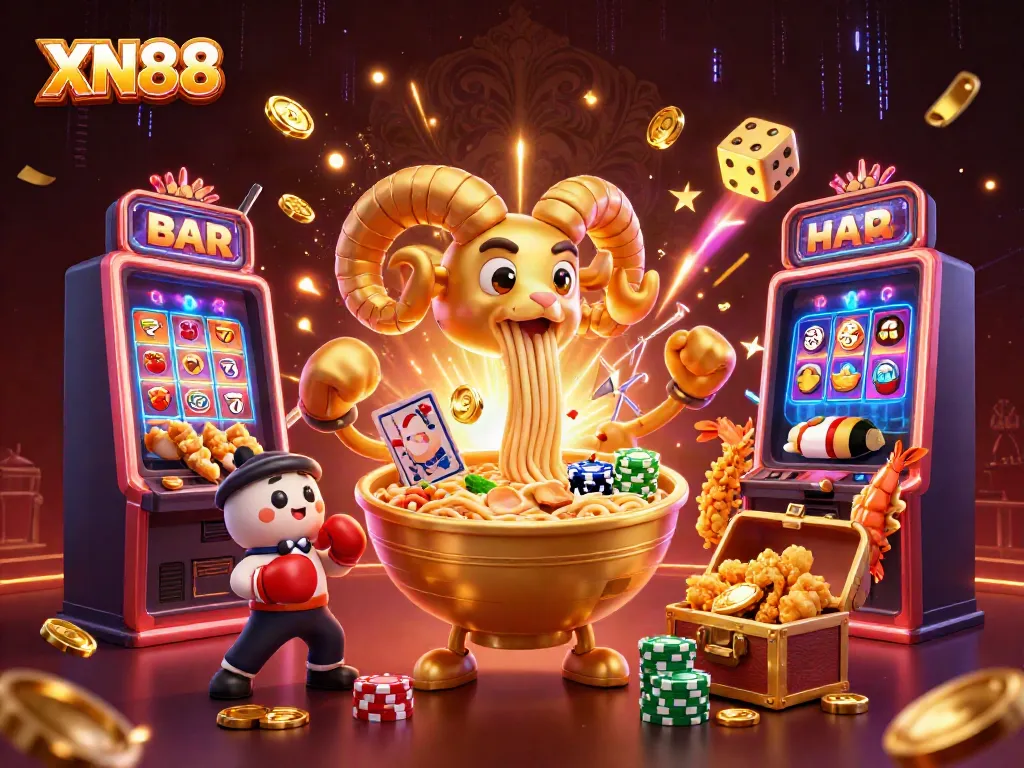 Engage in casino excitement with XN88, displaying a vibrant golden ramen bowl dealer and festive elements.