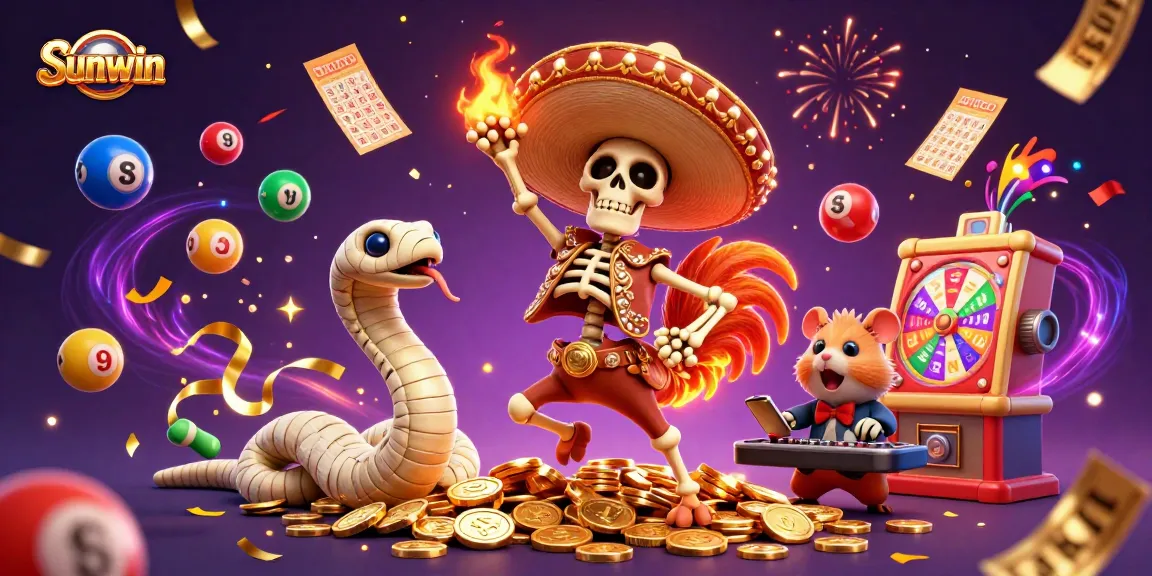 Sunwin offers vibrant gaming excitement with a festive scene full of dynamic characters and colorful lottery elements