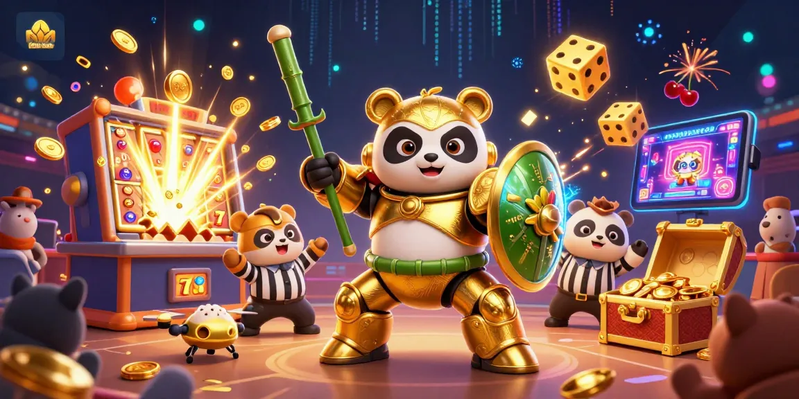 Situs toto gaming excitement with a lively illustration of a panda in mech-suit amidst vibrant casino elements.