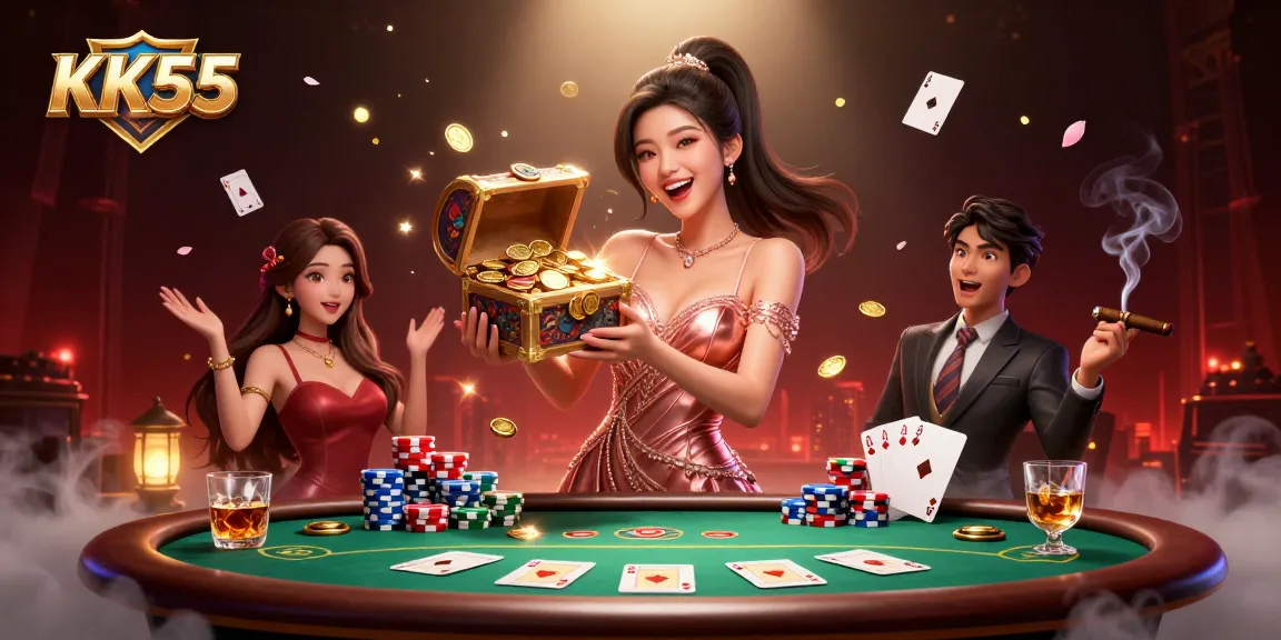 Experience the thrill of KK55 with an Asian woman presenting a treasure chest of coins in a vibrant casino scene.