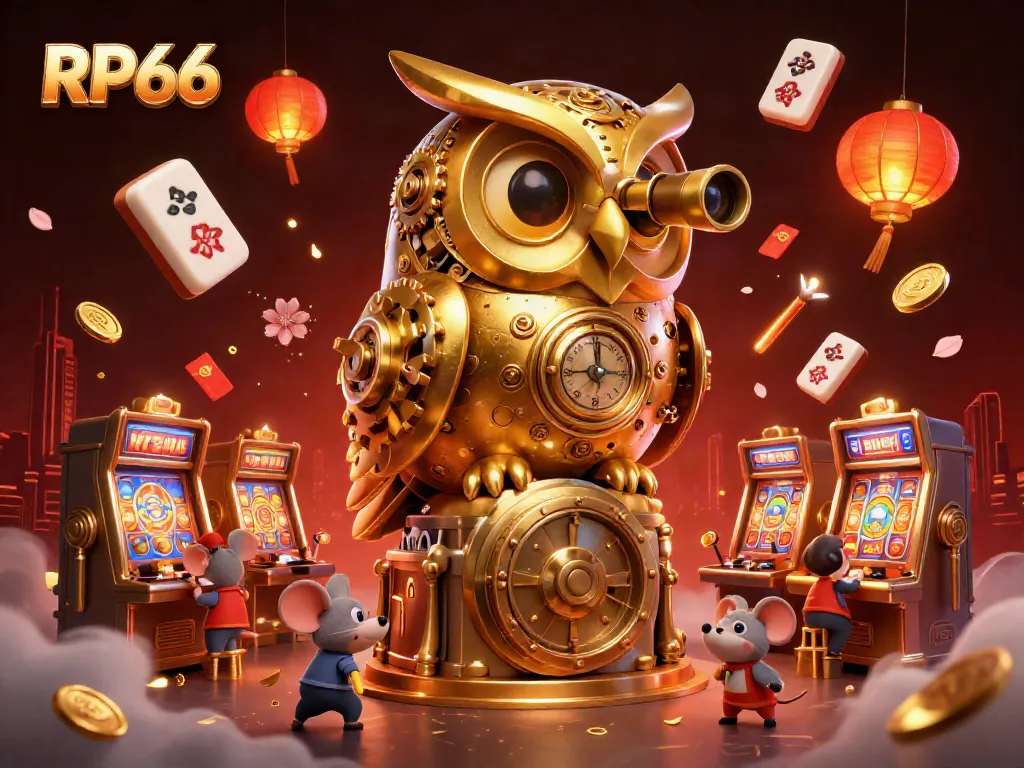 Experience slot gaming adventures with RP66, featuring a whimsical owl scanning the bustling casino floor.