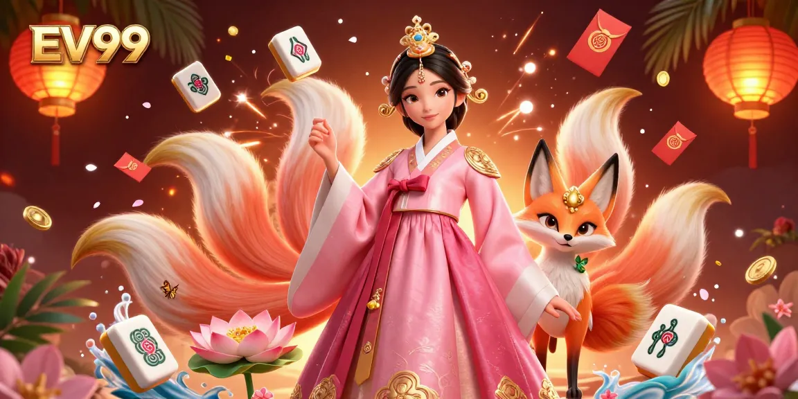 Engage with EV99's vibrant casino experience highlighted by an elegant Asian woman in traditional attire.