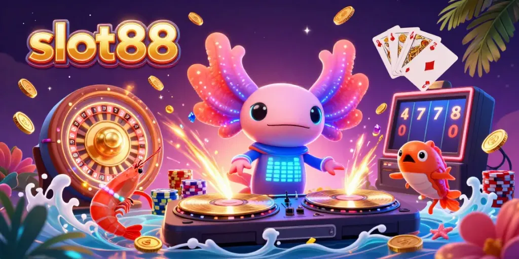 Menangkan permainan slot88 dengan DJ axolotl neon yang energik, dikelilingi oleh hiasan kasino yang cerah dan menarik.