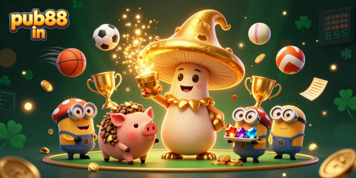 Experience thrilling games at pub88 in with an exciting cartoon illustration featuring golden treasures and dynamic sports elements.