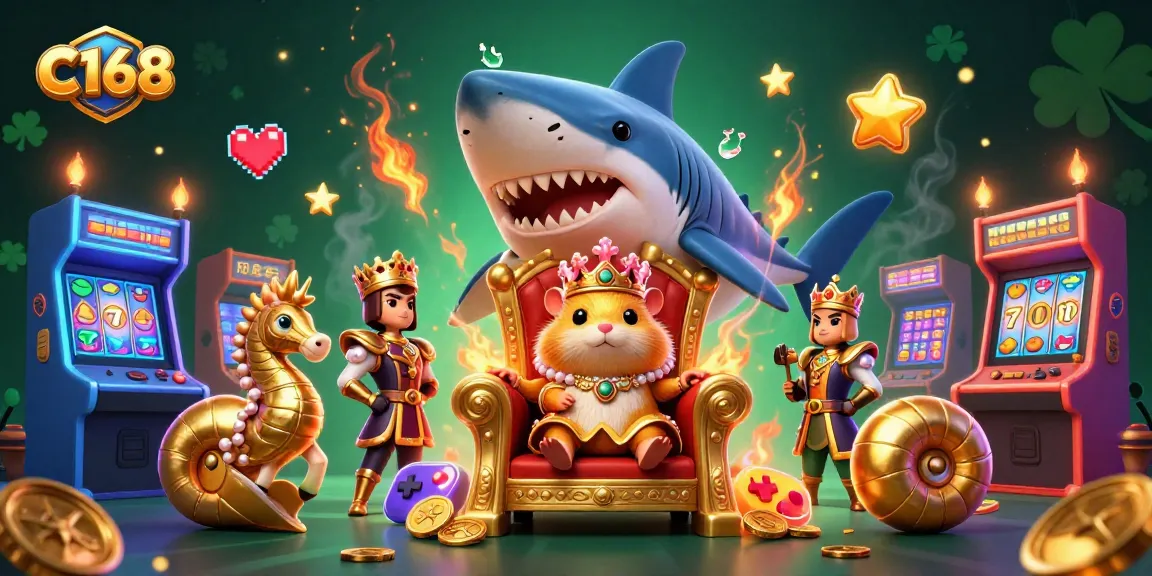 C168 captivates players with a vibrant 3D cartoon illustration featuring a hamster king, casino themes, and dynamic game elements.