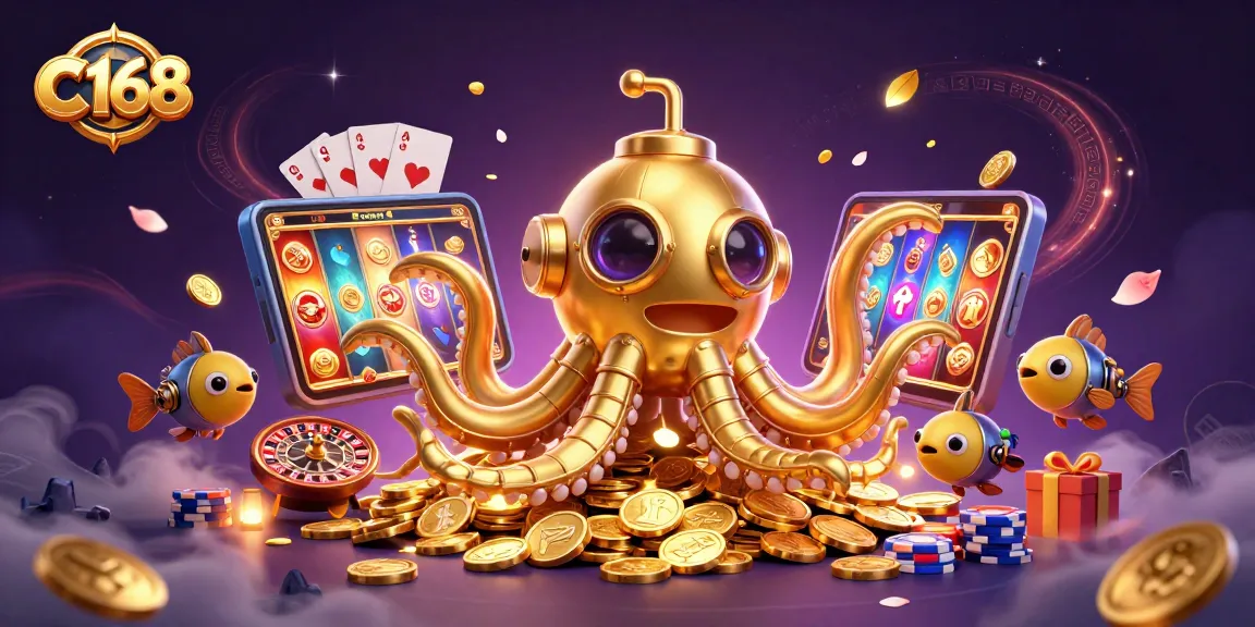 Get ready to explore C168 with this vibrant 3D illustration of a kraken submarine amidst golden coins and gaming excitement.