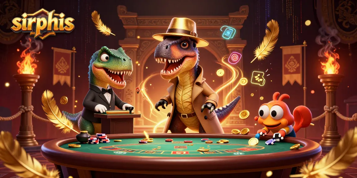 Experience thrilling gameplay at sirphis with dynamic scenes of a velociraptor card counter and casino action.