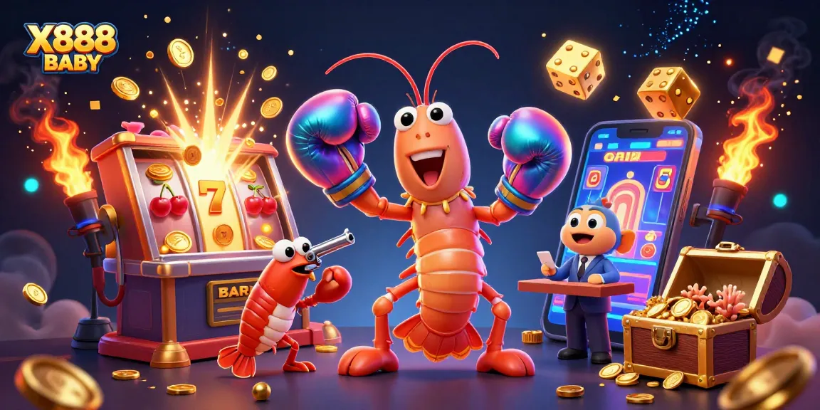 X888 BABY brings excitement with a dynamic illustration of gaming action and vibrant casino elements.