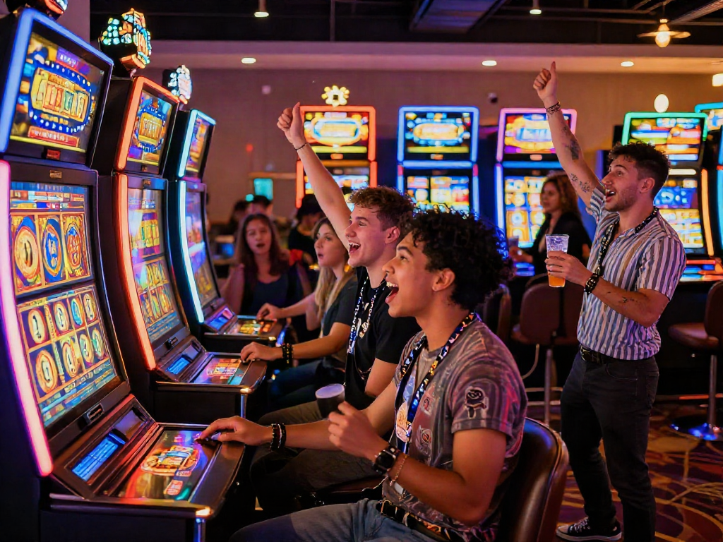 Excited players enjoying bandar slot games in a vibrant casino atmosphere.