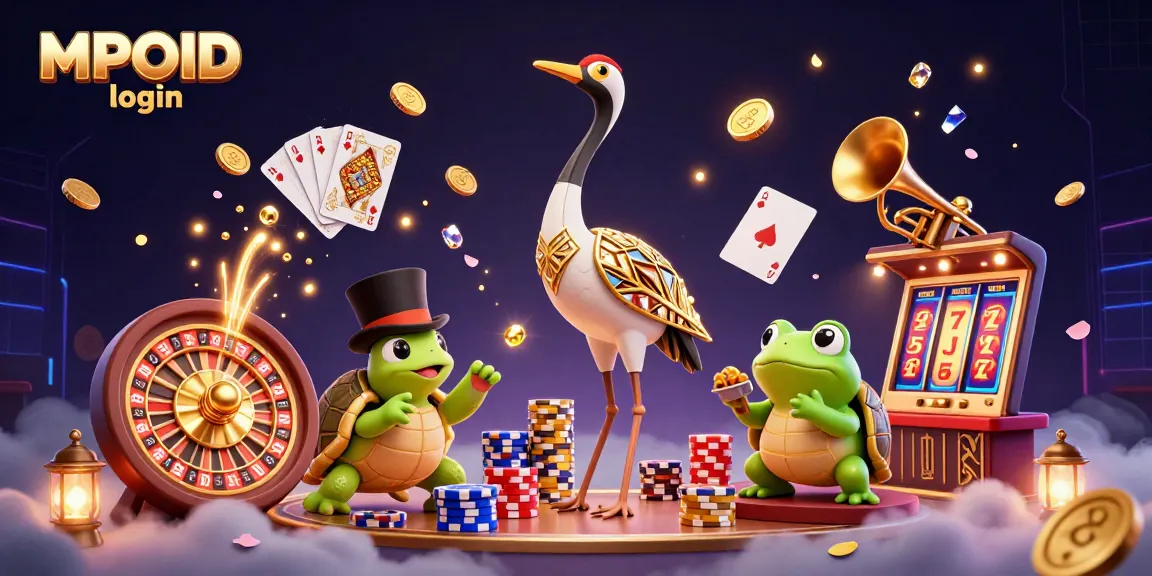Experience the excitement of MPOID login with this vibrant 3D illustration of gambling elements and characters.