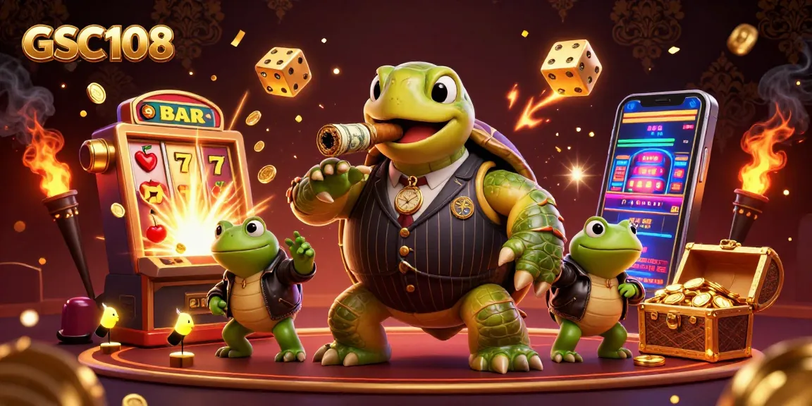 GSC108 slots feature vibrant cartoon style with a turtle mobster and enforcers amidst a jackpot explosion.