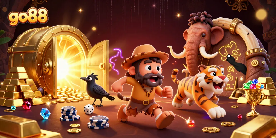 Experience the thrill of go88 with this vibrant casino scene featuring a caveman, sabertooth tiger, and a clever crow tracking riches.
