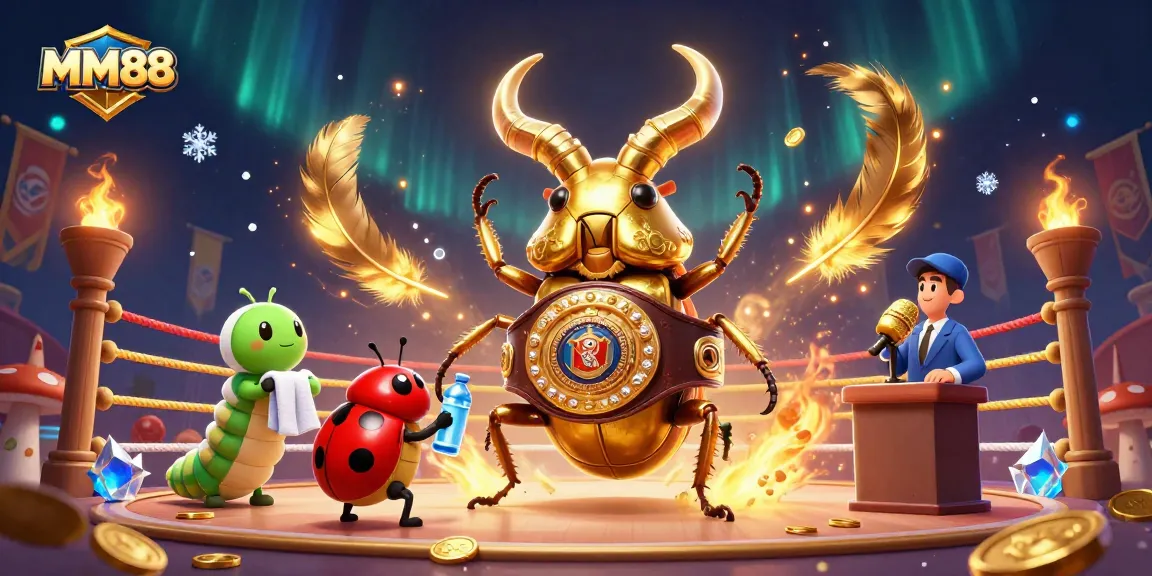 MM88 sports betting arena featuring a golden stag beetle champion with an energetic scene of coins and tokens