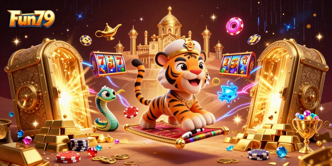 Engage with Fun79's thrilling gaming experience featuring vibrant treasures and slot elements.