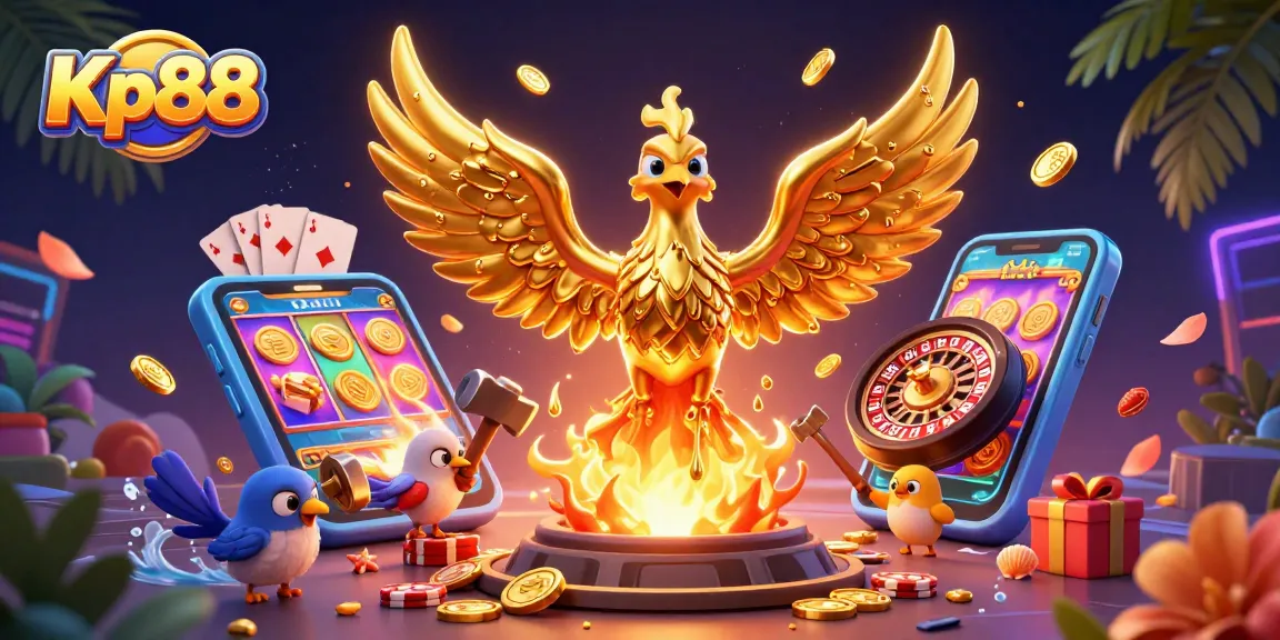 Kp88's golden phoenix symbolizes casino success, showcasing vibrant 3D slot game action and festive gaming elements.