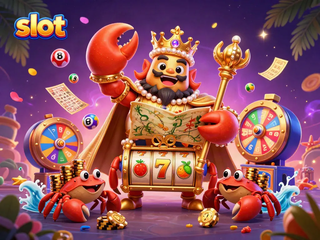 Permainan slot yang menarik dengan karakter kepiting emas dan simbol keberuntungan dalam suasana pesta kasino.