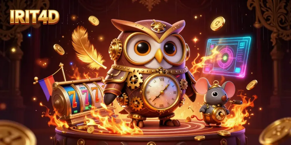 Experience the excitement of IRIT4D with a vibrant 3D cartoon owl in a futuristic casino setting.