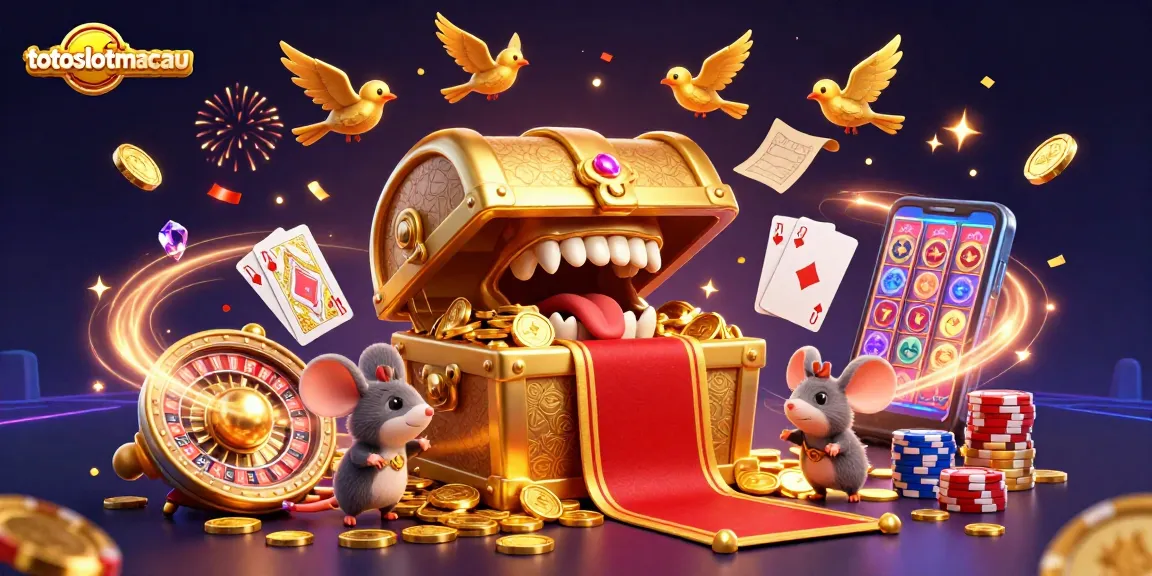 Experience thrilling jackpots at totoslotmacau with a vibrant scene of treasures, exciting spins, and winning cards.