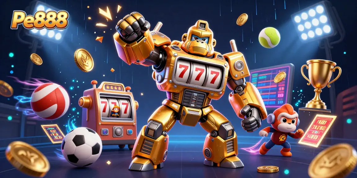 Experience Pe888's excitement with a 3D gorilla mech and dynamic sports elements in a thrilling casino scene.