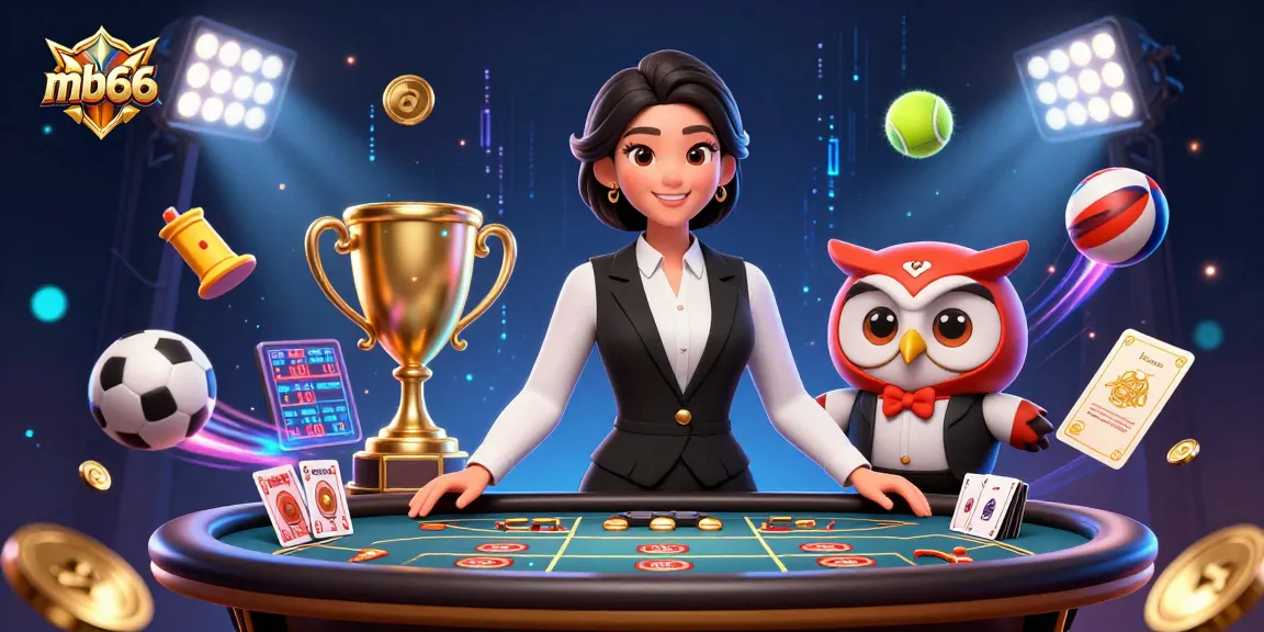 Engage with mb66's vibrant 3D illustration highlighting a baccarat table and sports betting.