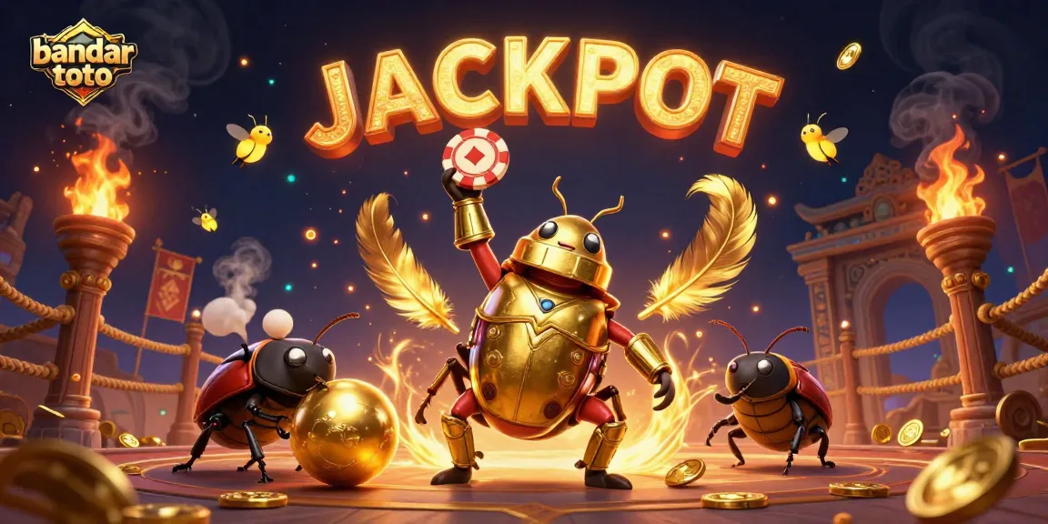 Spin the reels with bandar toto, featuring a victorious hercules beetle lifting a poker chip, in a dynamic casino scene.