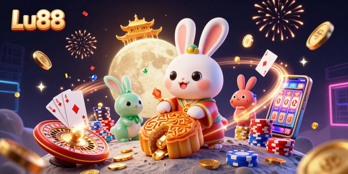 Experience the thrill of gambling at Lu88 with a vibrant 3D illustration of festive casino elements and characters.