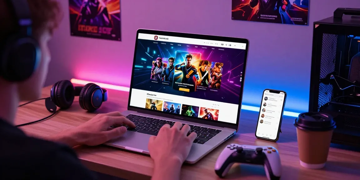 Pengguna 91dewa menikmati pengalaman hiburan digital dengan laptop, grafis permainan, dan suasana ceria.