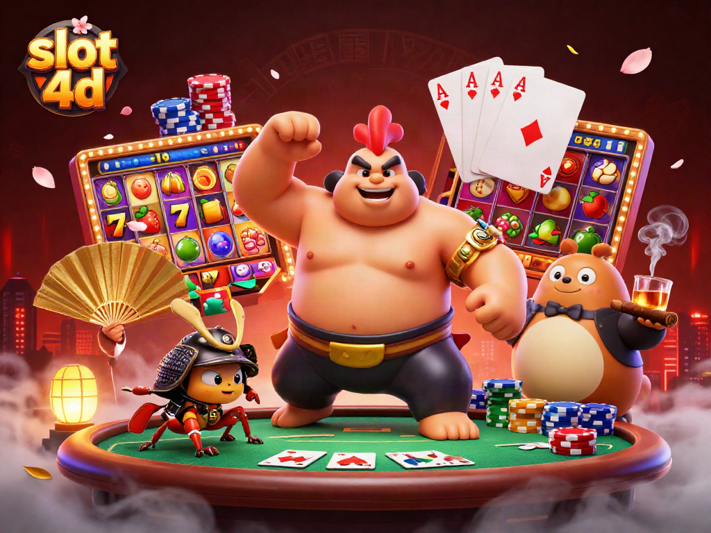 Menangkan slot 4d dengan berbagai simbol jackpot dan karakter dinamis dalam ilustrasi kasino.