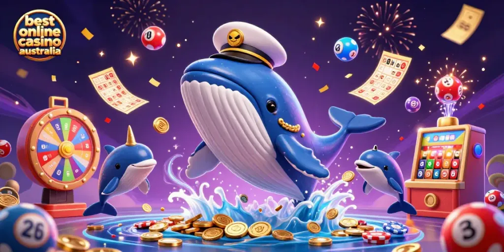 Join the excitement at the best online casino Australia with a lively scene featuring a whale and dolphins among gambling elements.
