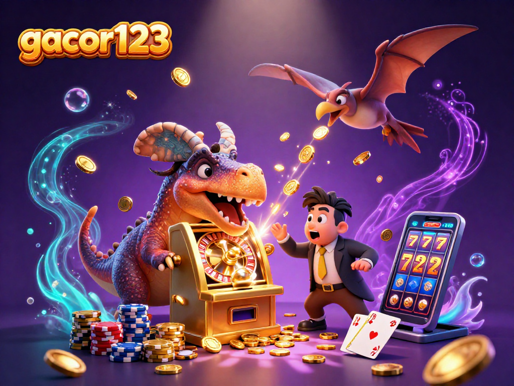 Experience excitement at gacor123 with a dinosaur-themed jackpot scene featuring vibrant slot machine action.