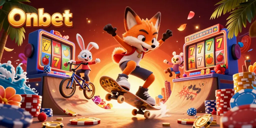 Onbet showcases an exciting gaming scene with a fox and rabbit performing tricks amidst colorful slot elements.