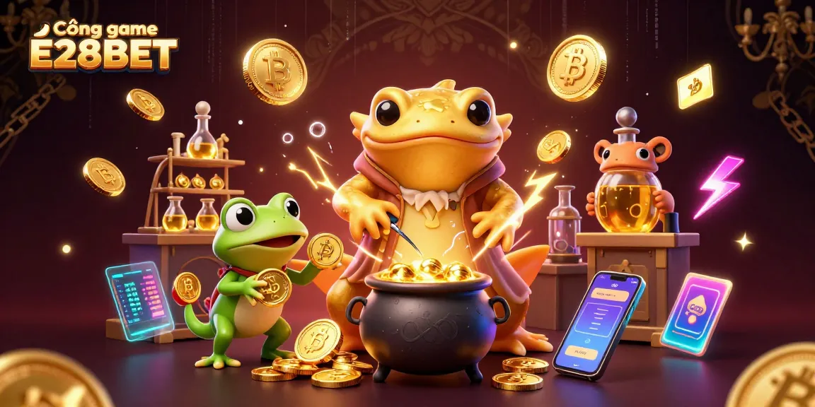 Cổng game E28BET showcases a vibrant 3D casino scene with an alchemist turning metals into gold coins amidst dynamic gaming symbols.