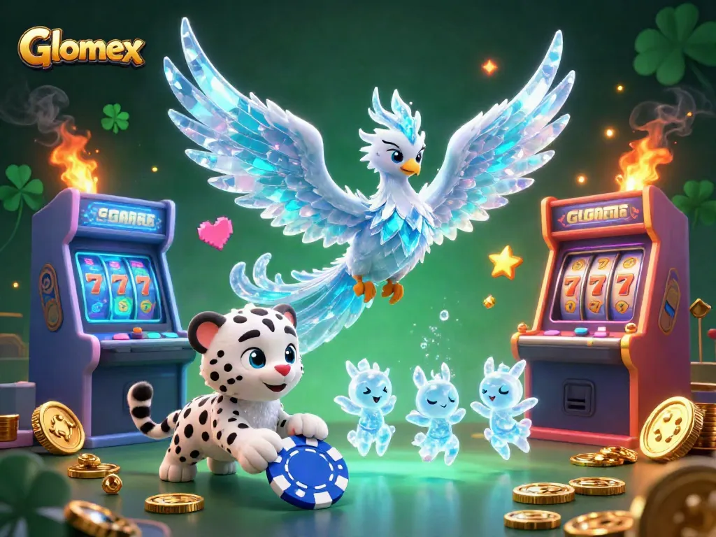 Engage with Glomex's vibrant gaming scene featuring an ice phoenix and neon 3D elements.