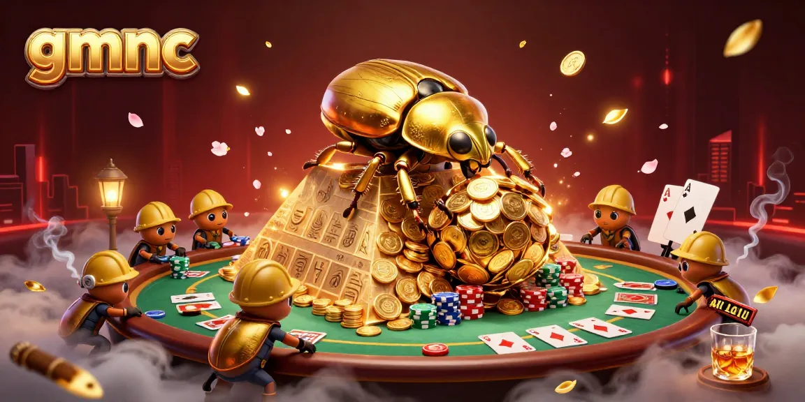 Engage with gmnc as the golden dung beetle rolls coins, highlighting casino strategy and risk management.