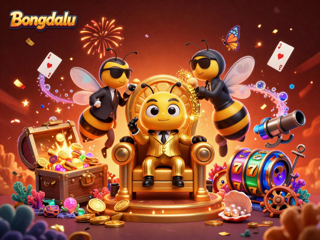 Bongdalu showcases a vibrant cartoon casino scene with a bumblebee mob boss amid celebration and treasure.