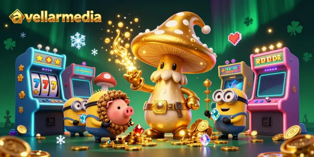 Experience the magic of avellarmedia with a golden mushroom wizard and gaming elements.