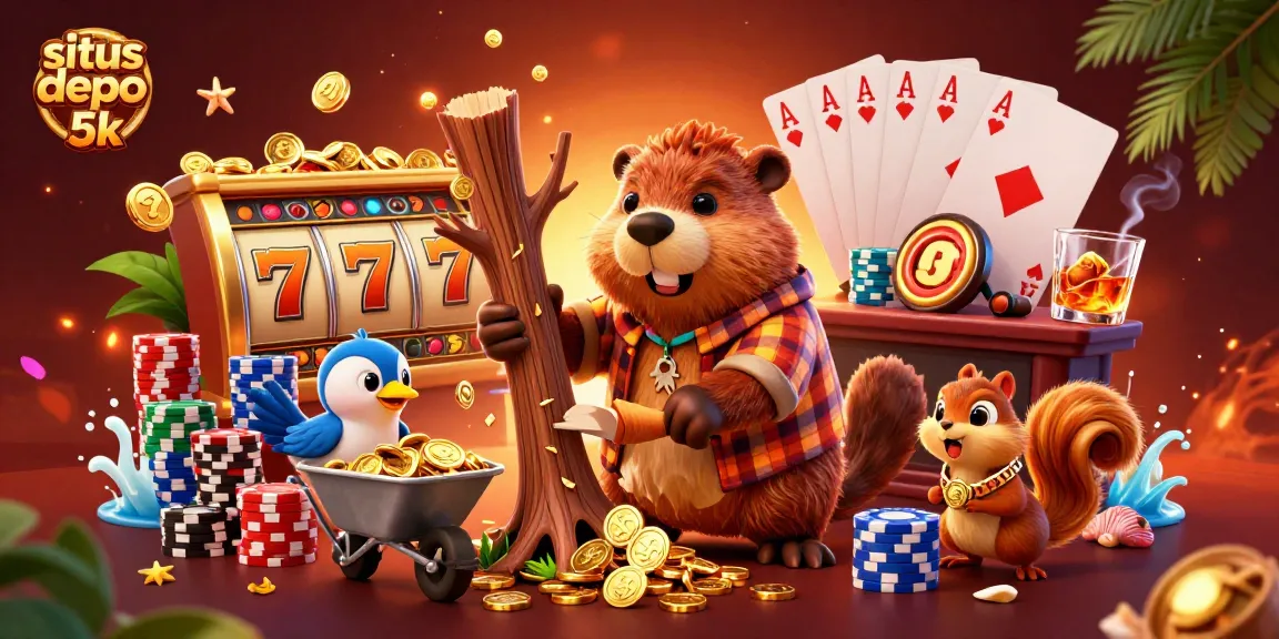 Engage with situs depo 5k as a beaver collects golden coins from a tree, highlighting a rich casino scene.