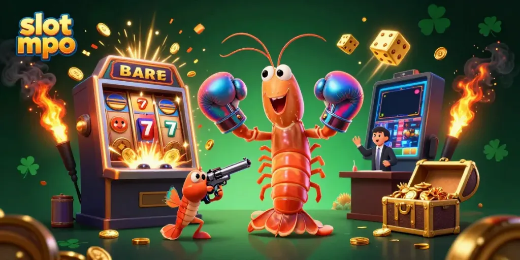 Experience thrilling jackpots with slot mpo as cartoon characters burst with excitement amidst casino symbols.