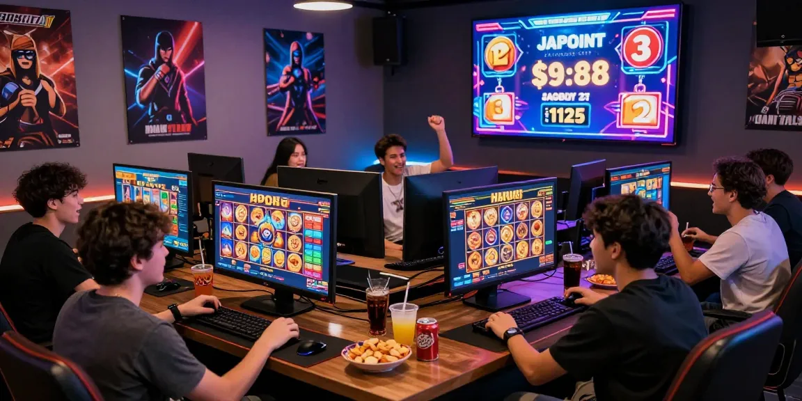 Pemain slot88 bersemangat dalam suasana gaming, merayakan kemenangan di lounge modern