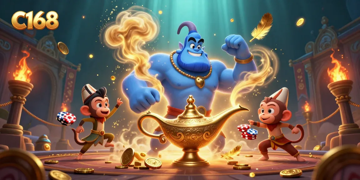 C168 players discover exciting bonuses and games with a vibrant genie and monkey in a colorful casino scene.