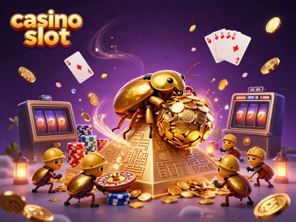 Experience thrilling casino slot action in this vibrant 3D illustration featuring golden beetles and jackpot elements.