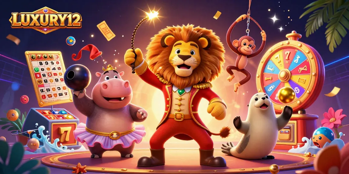Experience thrilling wins at LUXURY12 with vibrant slot machines, colorful prizes, and energetic characters!