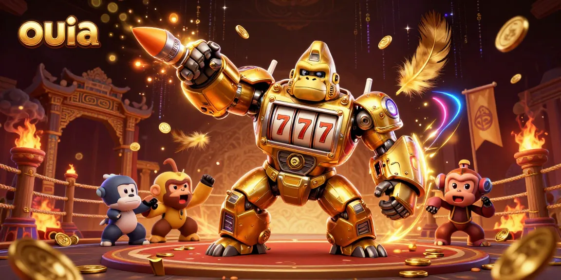 Engage with ouia's thrilling 3D slots experience, featuring dynamic golden gorilla mech and vibrant visuals.