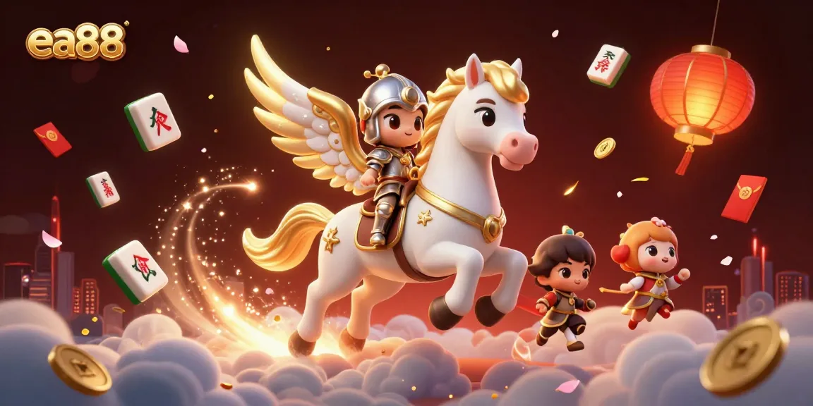 Experience thrilling gaming at ea88 with a celestial horse and armored knight in a vibrant casino scene.