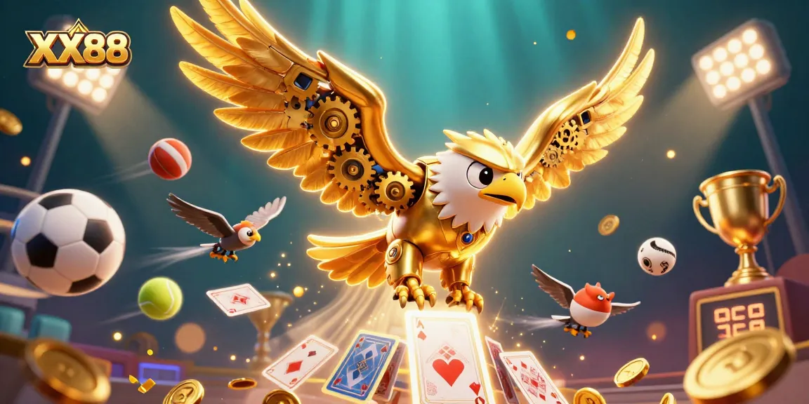 Experience the thrill of gambling at XX88 with a dazzling scene of a golden eagle amidst sports elements.