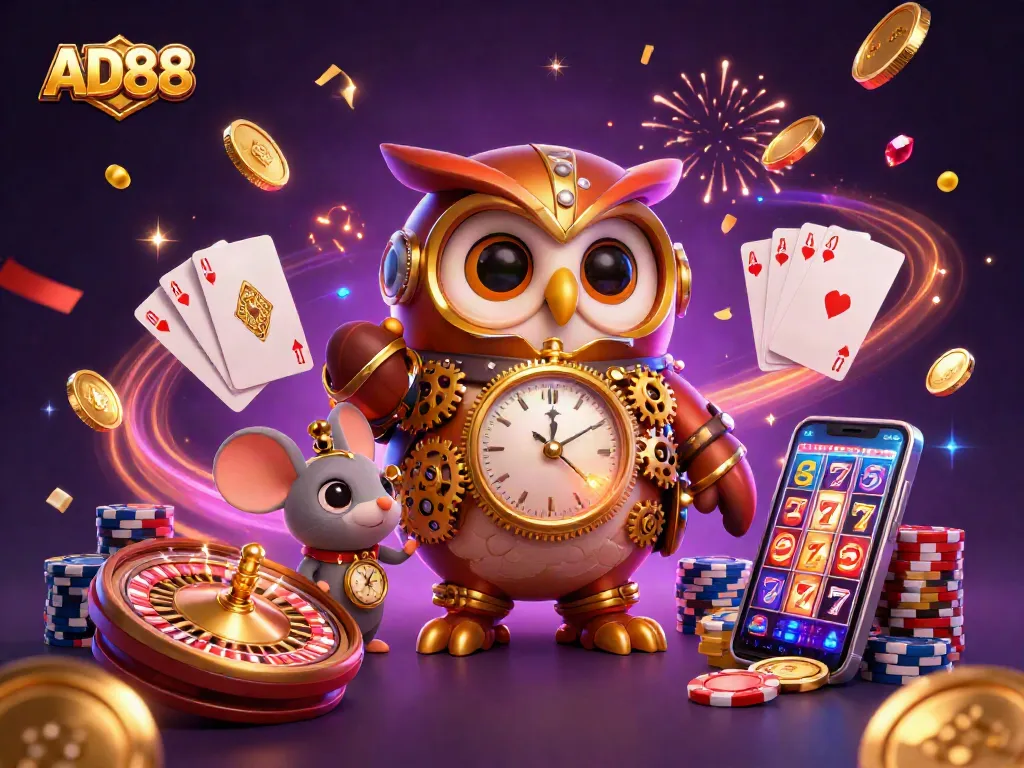 Experience the exhilarating world of AD88 with animated casino games showcasing vibrant roulette and sparkling gems.