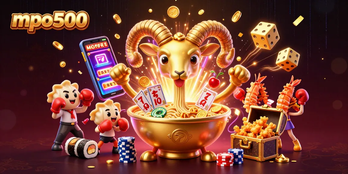 Experience the excitement of mpo500 with a vibrant casino scene filled with animated characters, slot machines, and treasure.