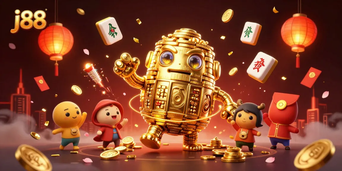 Experience thrilling j88 gaming with a dazzling golden golem surrounded by vibrant casino elements.