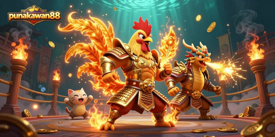 Punakawan88 features a heart-pounding illustration showing a samurai rooster warrior and dragon in a thrilling casino battle.