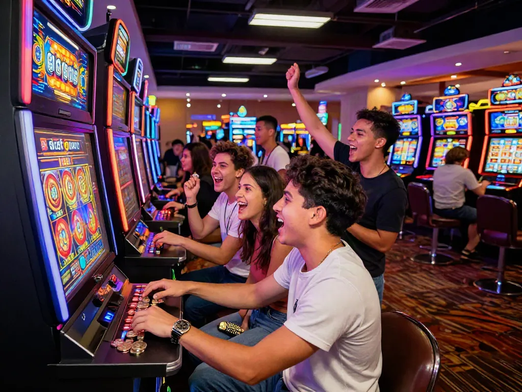 Friends celebrating a win at a 'slot gacor' machine in a lively casino.